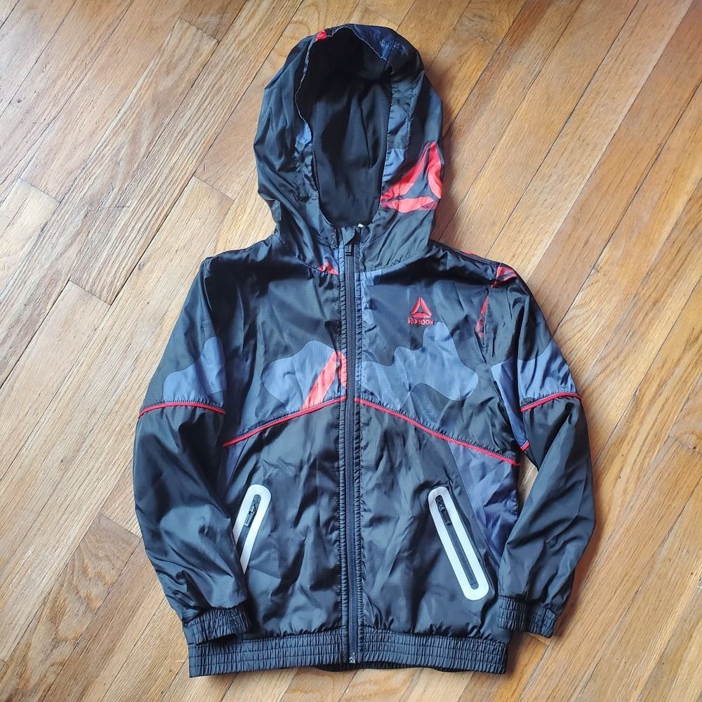 Reebok black gray camo hooded‎ Zipper front windbreaker size 6/7 kids